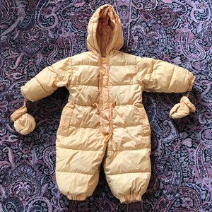 Bright yellow Jacadi duck down snow suit with integrated mittens. 12-18M